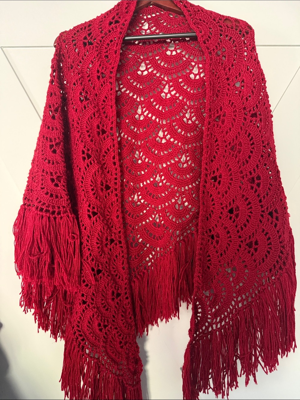 Red Crochet Fringe Shawl Wrap - Stylish Women’s Scarf